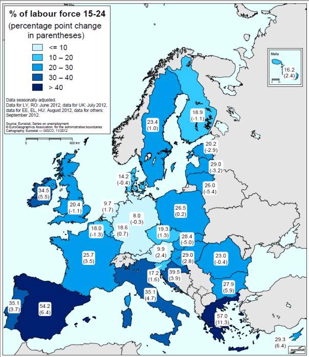 Contexto europeo: Tasa de desempleo juvenil y cambio interanual (09/2012) La media en UE: ca.