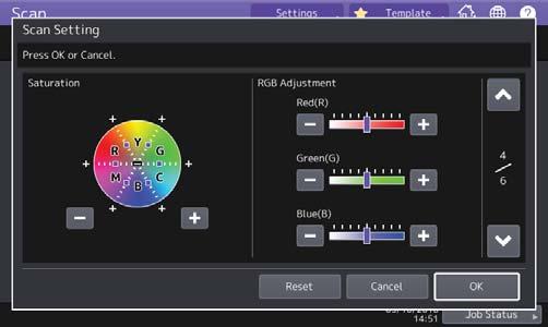 (Scan Setting)] y, a continuación, ajuste el color de los datos escaneados en [Saturación (Saturation)] y [Ajuste RGB (RGB Adjustment)].