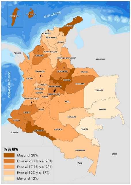 Participación (%) del número de UPA con mujeres productoras en el área rural dispersa censada al interior de los departamentos Al interior de los departamentos de La Guajira; el