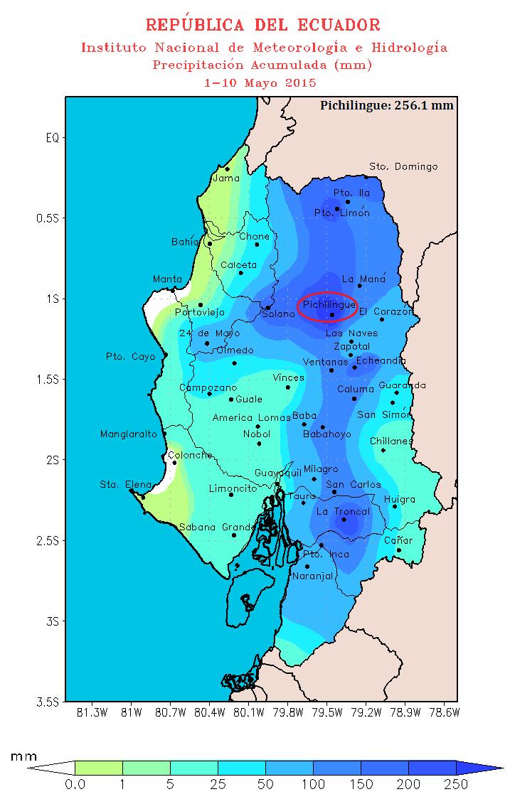 SITUACIÓN CLIMÁTICA Las mayores precipitaciones de la década se presentaron hacia el interior de la demarcación, siendo la máxima acumulada en Pichilingue (Quevedo) con 256.