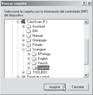 Del CD-ROM CanoScan, seleccione Scangear de acuerdo con su idioma, y haga clic en [Aceptar]. 6.