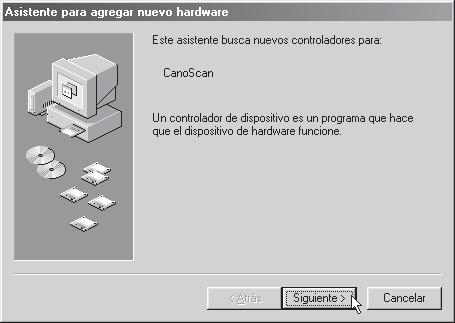 Instalación del software Windows 98 / Windows 2000 Professional Las tomas de esta sección son de Windows 98. 1. Conecte la alimentación de su PC. 2. Cuando aparezca [Asistente para agregar nuevo hardware], haga clic en [Siguiente].