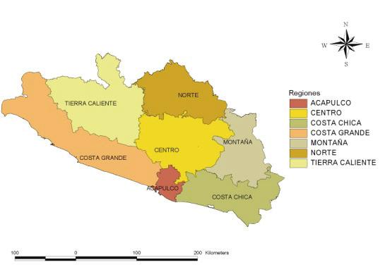 Análisis regional de la marginación en el estado de Guerrero, México /R. MORALES-HERNÁNDEZ Mapa 1. El estado de Guerrero y sus regiones económicas Fuente: elaboración propia.