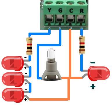 Conexión de las luces: Las conexiones para cada una de las doce luces se agrupan en cuatro grupos de conexiones con la siguiente codificación: C: Común (positivo) R, G, Y: Salida para luz (negativo)