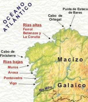 b) A costa galega. (Ver relevo de Galicia) Esténdese desde a punta de Estaca de Bares ata a desembocadura do río Miño, que fai de frontera con Portugal.