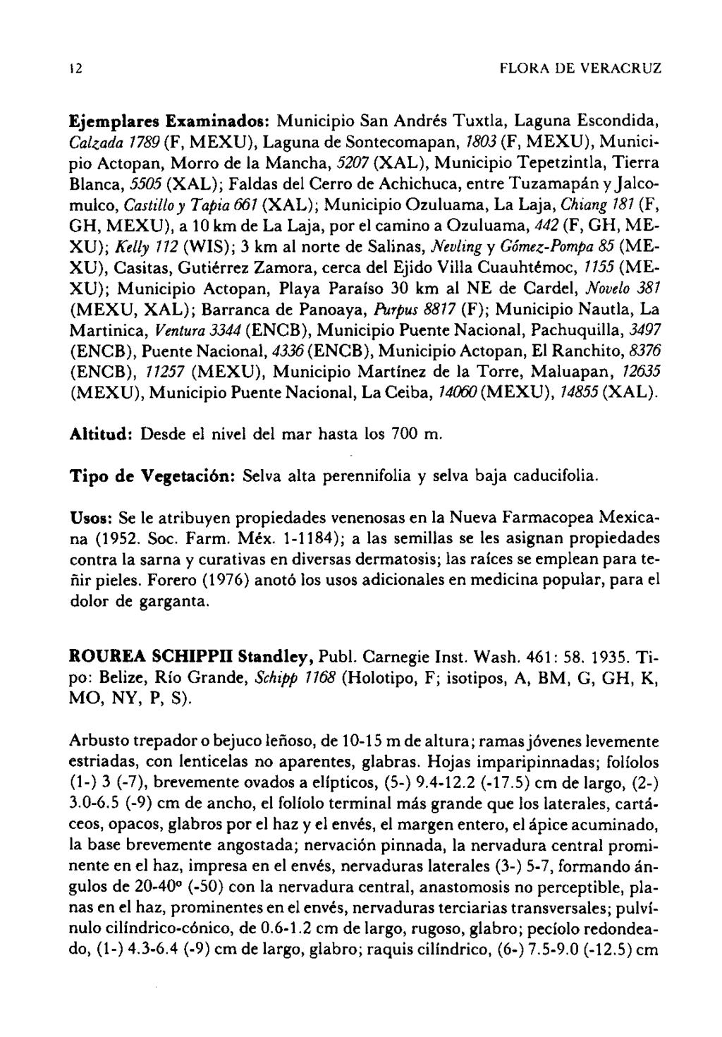12 FLORA DE VERACRUZ Ejemplares Examinados: Municipio San Andrés Tuxtla, Laguna Escondida, Cal~ada 7789 (F, MEXU), Laguna de Sontecomapan, 7803 (F, MEXU), Municipio Actopan, Morro de la Mancha, 5207
