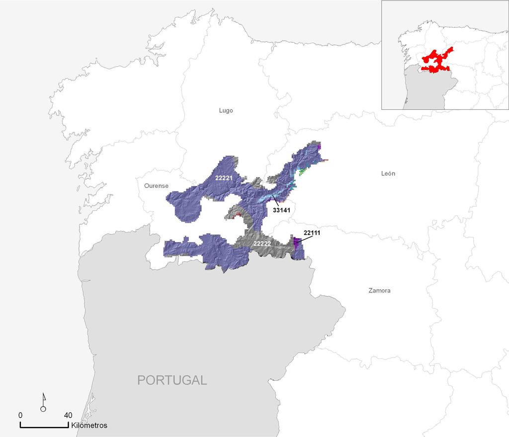 MED3 Valles gallegos de transición atlántico-mediterránea Superficie de la región natural: 5.630,25 1,10 del territorio nacional AMBIENTES TERRESTRES * 22221 4.