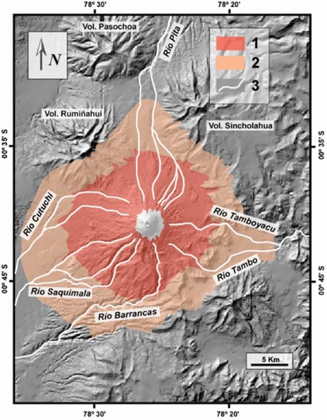 Zona proximal: Flujos piroclásticos, flujos de lava y caídas de bombas volcánicas La zona de color rojo intenso: potencialmente afectada durante una