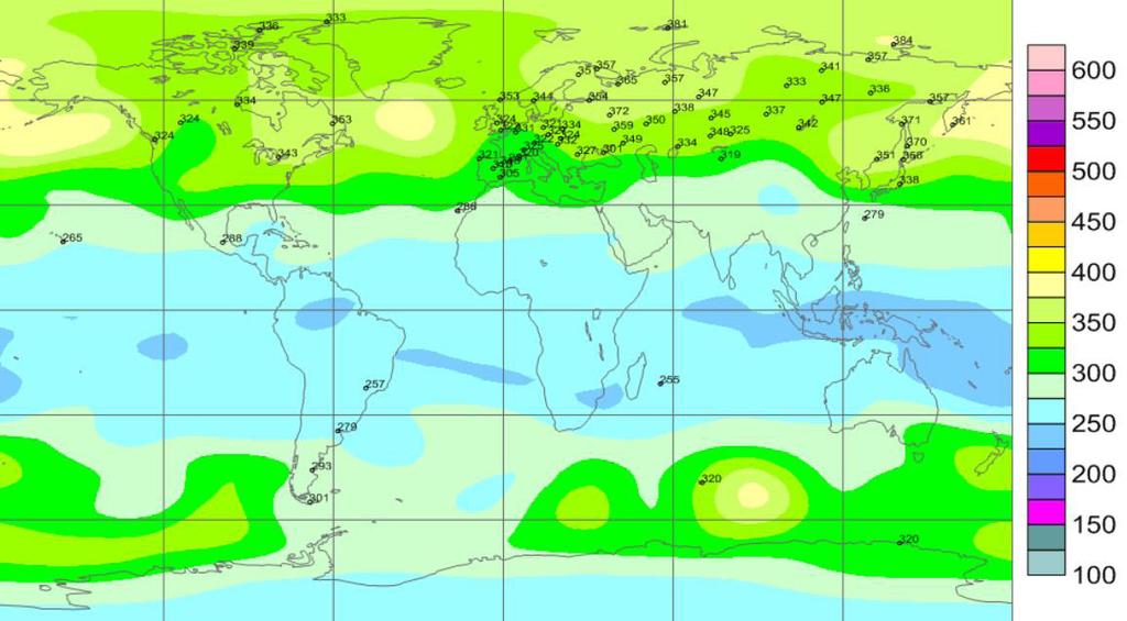 En la Figura 6 se observa el mapa mensual global correspondiente al mes junio de 2017 y en ella se muestra un aumento en la concentración de ozono (comparado al mes de mayo) en todo el continente