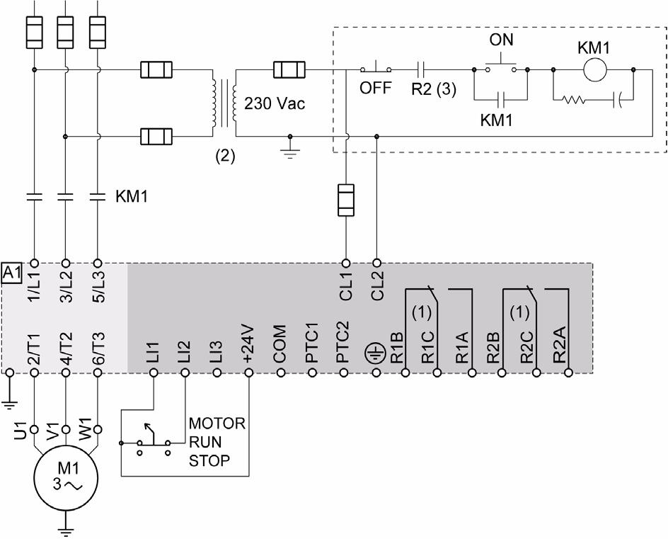 Anexo 1: Esquemas UL508 ATS22 Q o ATS22 S6: 230 V, control 2 hilos, parada en rueda libre Z1 (1)Compruebe los límites de funcionamiento del contacto, por ejemplo cuando se conecta a contactores de