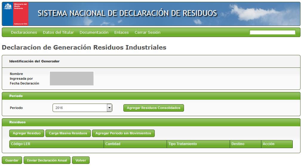 Paso 2: En el Sistema Sectorial SINADER, debe seleccionar la opción Declaraciones -> Residuos Industriales o Destino de Residuos, según sea el perfil de su establecimiento.