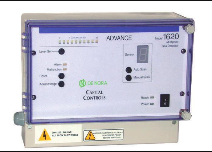 control (hasta ocho). Los sensores de cloro gas y dióxido de azufre están disponibles en los rangos de 0-5 y 0-10 ppm, mientras que los sensores de amoníaco lo están en los rangos de 0-50 y 0-100 ppm.