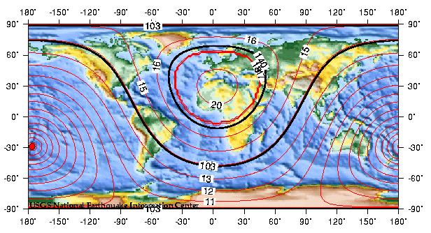 El mapa de la parte superior muestra los tiempos de viaje pronosticados (teórico), en minutos, de la primera onda compresional (P) desde el terremoto a puntos alrededor del globo.