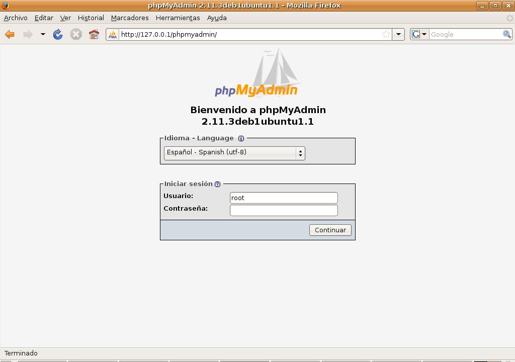 Figura 2: Ventana de autentificación de phpmyadmin 2.1.
