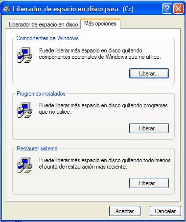 Si Pulsas en la Pestaña Más Opciones, te permitirá quitar programas de Windows, otros programas o puntos de restauración.