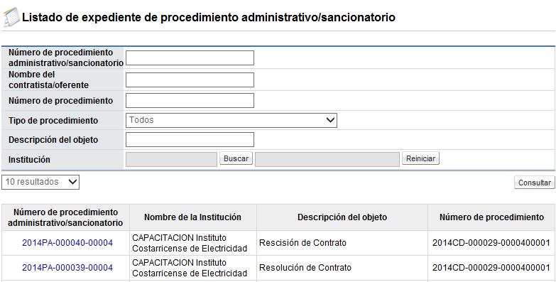 Una vez que se ingresa a la opción de expediente electrónico se desplegará la pantalla Listado de expediente de procedimiento administrativo/sancionatorio.