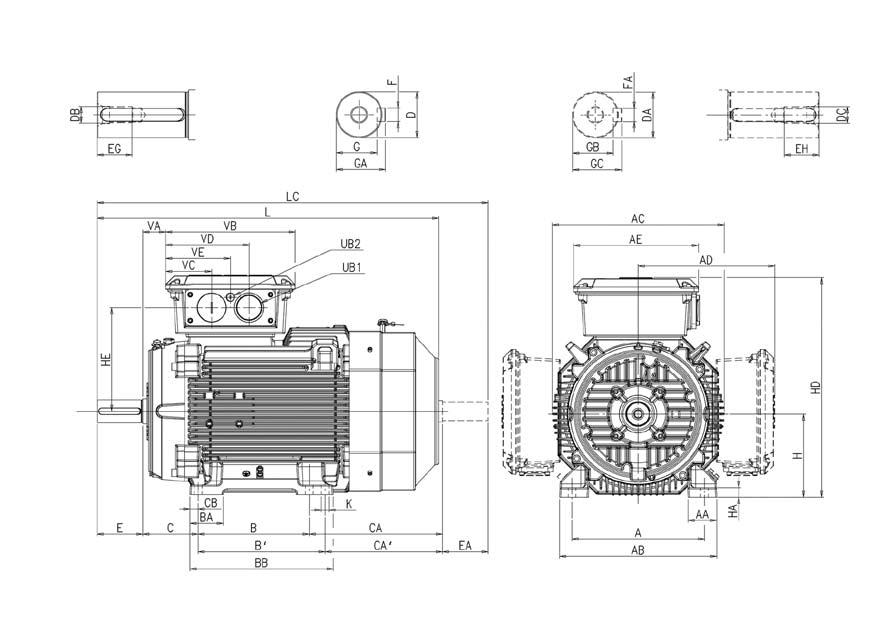Motores de fundición de hierro para Tamaños 160-250 la industria del proceso y motores Premium efficiency Dibujos de dimensiones Con patas: IM B3 (IM 100, IM B6 (IM 105, IM B7 (IM 106, IM B8 (IM 107,