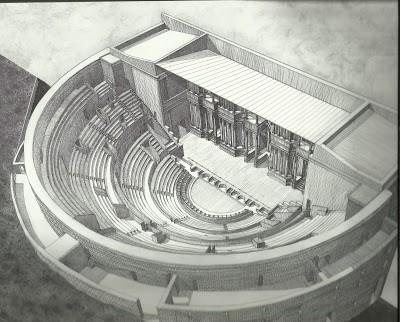 2.Teatro romano de Sagunto. Siendo edificado en el año 50 d.c., la formación del teatro romano de Sagunto es clásica, por lo que responde a una composición de scaenae, orchestra y cavea.