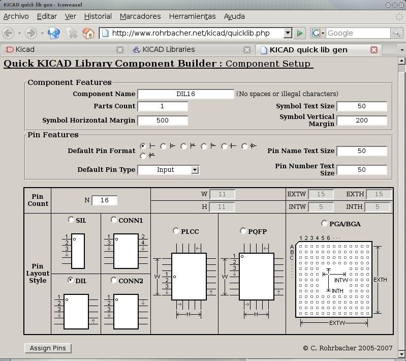 Recursos y herramientas adicionales Quicklib Quick KICAD Library Component Builder Página web en PHP para crear símbolos esquemáticos