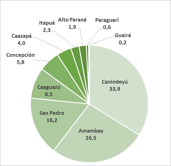 Gráfico N 3: Superficie deforestada en el BAAPA por departamento para el periodo enerodiciembre 2016 Departamentos Superficie (ha) Porcentaje (%) Canindeyú 5.392,4 33,9 Amambay 4.