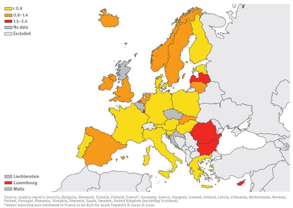 Figura 1. Número de casos notificados de hepatitis B aguda por 100.000 habitantes en países de la UE/EEE, año 20