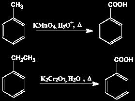 HIDROCARBUROS AROMATICOS: BENCENO Oxidación de cadenas laterales El permanganato de potasio y el dicromato de potasio permiten