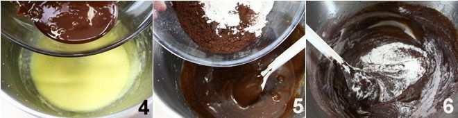 Agregamos el chocolate fundido frío al compuesto de azúcar mantequilla y huevos(4). Incorporamos poco a poco la mezcla de harina y chocolate en polvo (5-6).