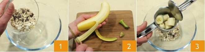 los plátanos(2) los cortamos y los metemos en un prensa patatas(3), si no disponemos de