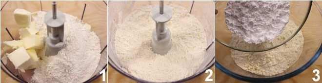 robot de cocina la mantequilla fría y 250gr de harina(1) para obtener una consistencia arenosa(2), metemos