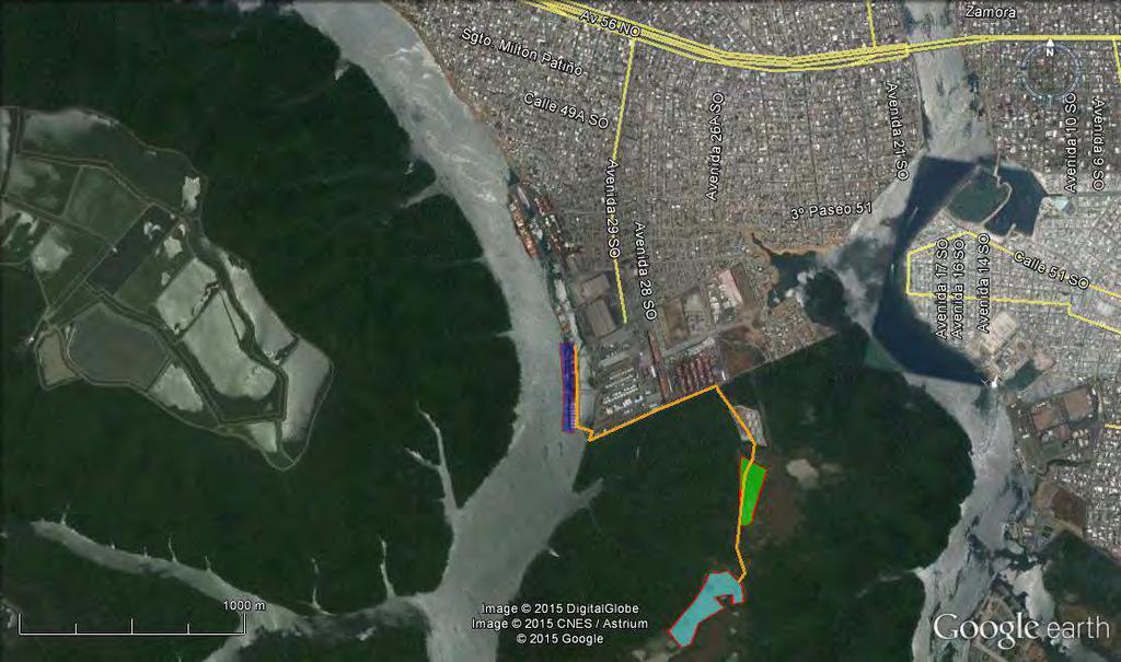Figura 46: Ruta de acceso para ingreso al lugar del proyecto BANANAPUERTO Estero Santa Ana Fuente: Google Las orillas de la isla, en el delantal del muelle de NAPORTEC (Bananapuerto) está formado por