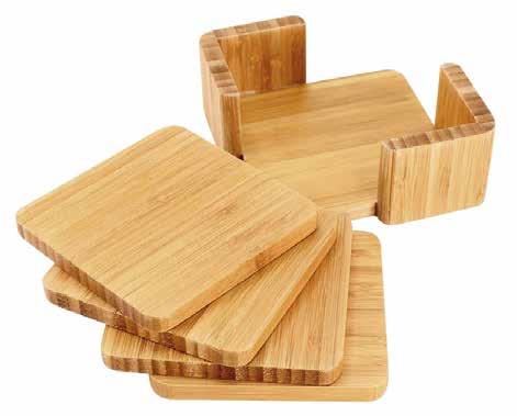 CÓD: B72 Set de 4 posavasos cuadrados 100% madera Bamboo, en contenedor 100% madera Bamboo.