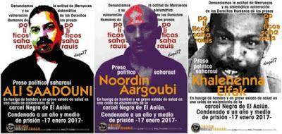 - Los presos políticos Ali Saadouni, Noordin Aargoubi e Khallihenna ElFak, condenados el 17 de enero de 2017 a un año y medio de prisión y que se encontraban detenidos en la cárcel negra El Aaiún,
