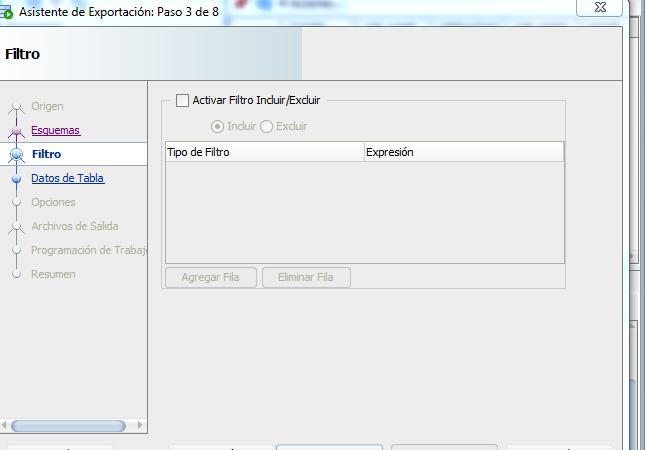 La pantalla "Opciones" le permite aumentar el paralelismo de la exportación, nombrar el archivo de registro y