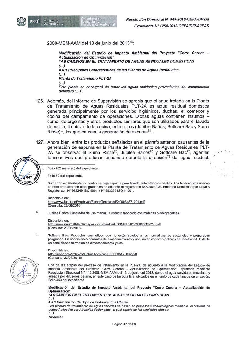 ~-...,l.. Expediente Nº 1258-2013-0EFAIDFSAIIPAS 2008-MEM-AAM del 13 de junio del 2013 73 : Modificación del Estudio de Impacto Ambiental del Proyecto "Cerro Corona - Actualización de Optimización" "4.