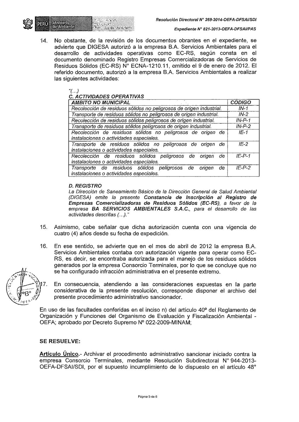 Resolución Directora/ Nº 269-2014-0EFA-DFSAl/SDI Expediente Nº 821-2013-0EFA-DFSAl/PAS 14.