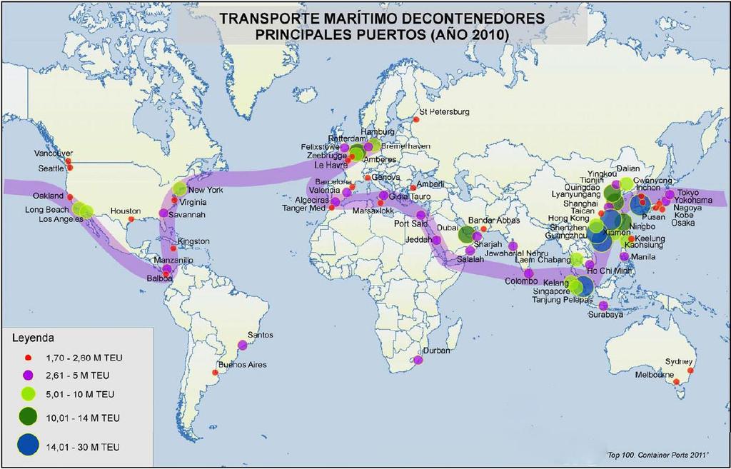 Principales nodos del transporte mundial La ubicación geoestratégica en estas rutas, y las grandes infraestructuras portuarias