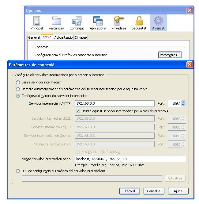 Configuración de usuario Configuración de Windows Mantenimiento de Internet Explorer Conexión Configuracíon de los servidores proxy Utilitzeu la IP 192.168.0.