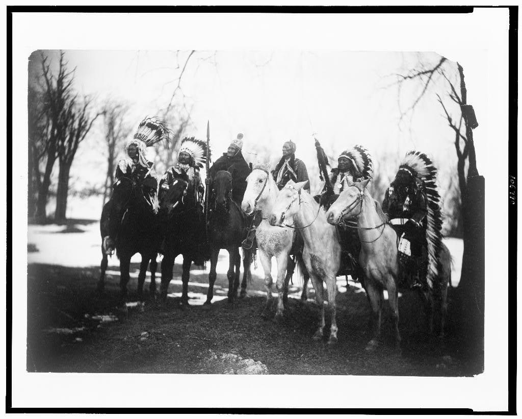 Six tribal leaders (l to r) Little Plume (Piegan), Buckskin Charley (Ute), Geronimo (Chiricahua Apache), Quanah Parker (Comanche), Hollow Horn Bear (Brulé Sioux), and American Horse (Oglala Sioux) on