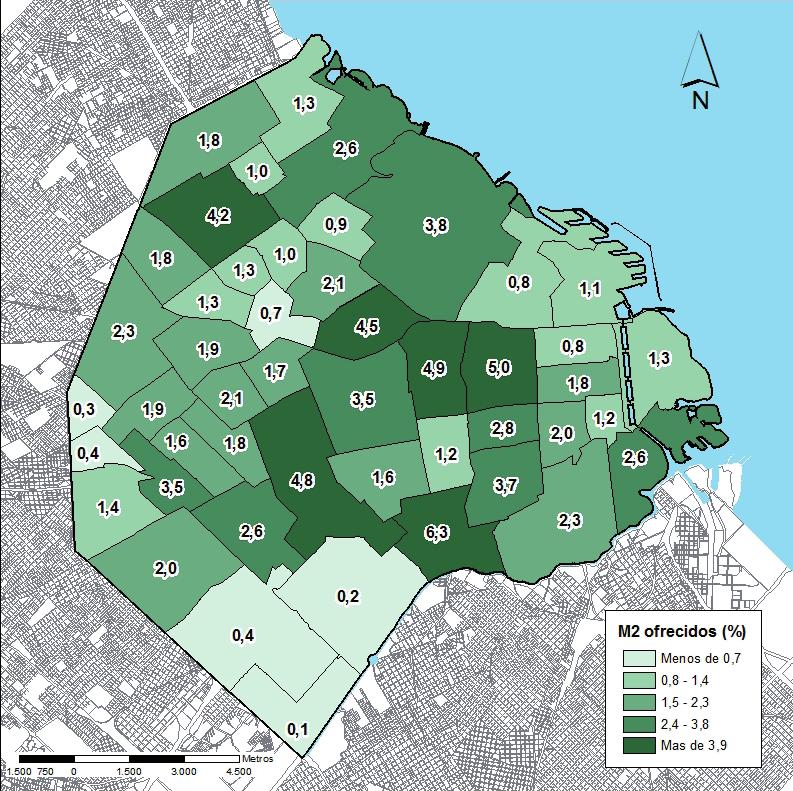 Mapa 1.3 Distribución porcentual de los m 2 de terrenos ofrecidos en venta, relevados en los barrios de la Ciudad de Buenos Aires, Marzo 2015.