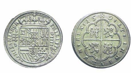 494,6,00 e Conjunto de monedas acuñadas en Segovia en época de Felipe III, formado por una moneda de maravedí, una de cuatro maravedís, una de un real, una de cuatro reales y dos de ocho reales.