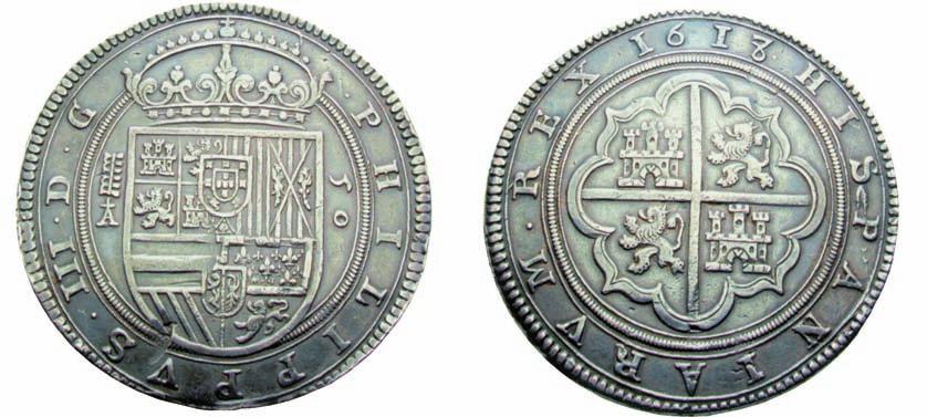 Cincuenta reales o «cincuentines» Segovia, 1618 y 1620 Diámetro: 75 mm; Peso: 170 g (aprox.) 31.500,00 e 36.