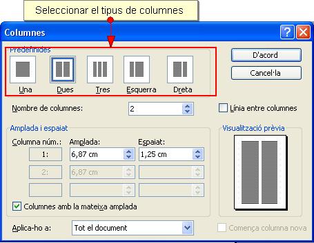 Guia de Microsoft Word 2003 Definir les columnes MENÚ: Format - Columnes Imatge 10. Definir columnes 2.4.