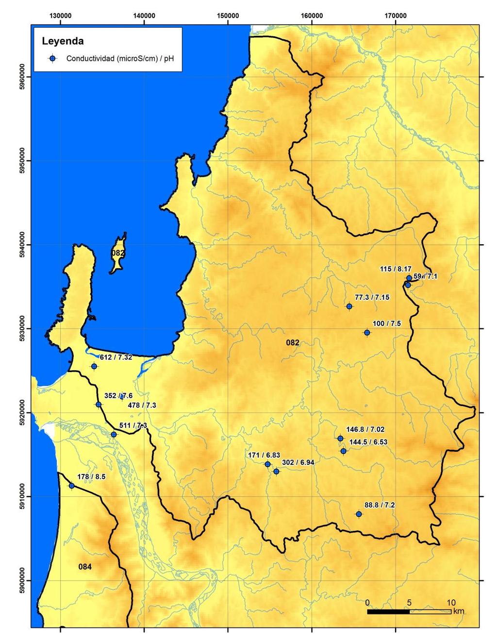 Figura 26. Parámetros de calidad medidos durante la campaña de terreno en agosto de 2013. Cuenca costera entre R. Itata y R. Biobío 7.2.4.