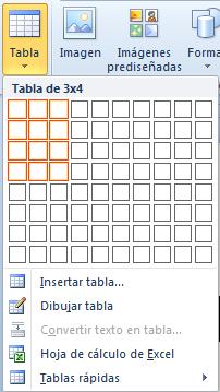 La opción Insertar tabla de la lista del botón Tabla nos permite crear una tabla especificando las dimensiones de la misma antes de insertarla