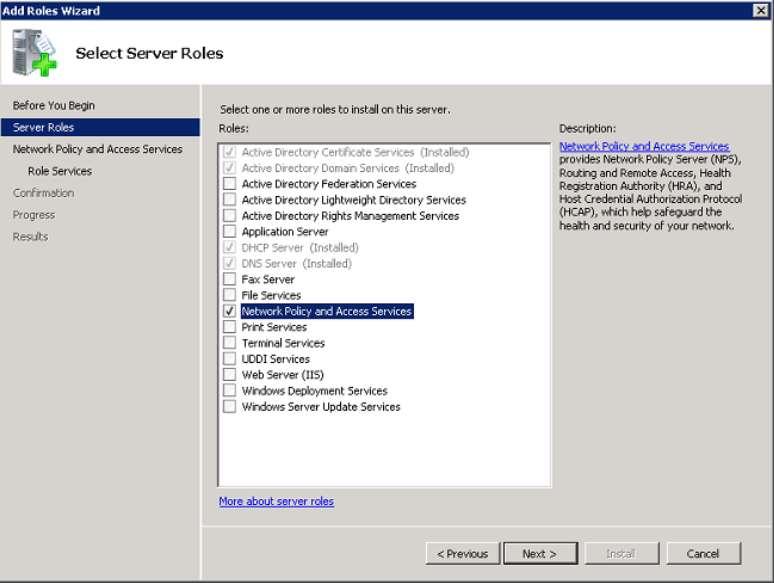 Figura 44 Interfaz agregando el rol NPS Fuente: Windows Server 2008 f) Se agregan los certificados en la cuenta de la computadora local, en los certificados de la computadora local que se