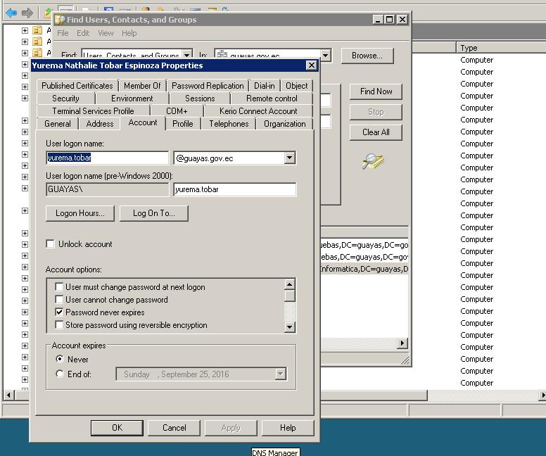 Figura 61 Cuenta del usuario del edificio principal creado en el active directory Fuente: Gobierno Provincial del Guayas Windows Server 2008 Medio Ambiente Se realizó la prueba con el usuario rodney.