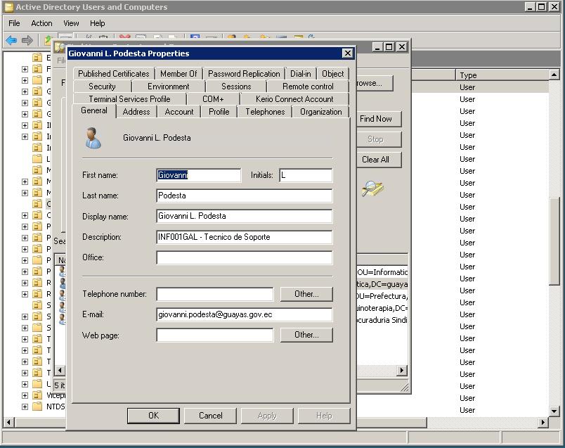 En la máquina virtual donde se encuentra el active directory se puede constatar que el usuario giovanni.