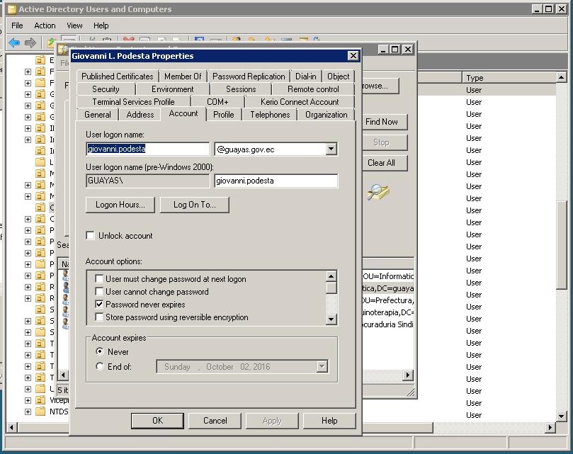 Figura 72 Cuenta del usuario de Galpones creado en el Active Directory Fuente: Gobierno Provincial del Guayas Windows Server 2008 CTP Se realizó la prueba con el usuario leonardo.