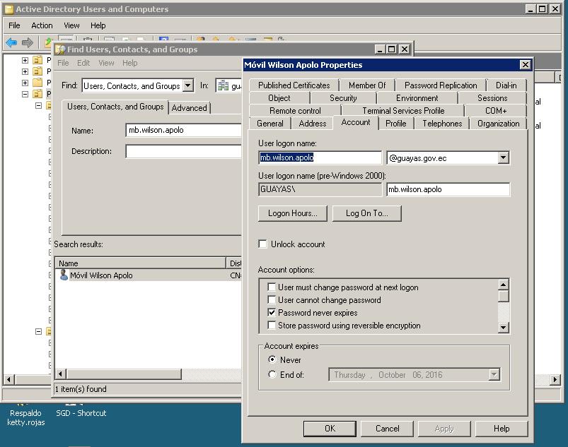 Figura 96 Cuenta del usuario de Equinoterapia creado en el Active Directory Fuente: Gobierno Provincial del Guayas Windows Server 208 Se realizó la prueba con el usuario visitante.
