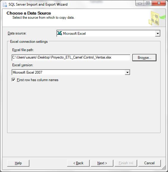 8. Hacer clic en Siguiente (Next) 9. En la ventana Seleccionar un destino hacer las siguientes configuraciones: Destino: Seleccionar SQL Server Native Client 11.